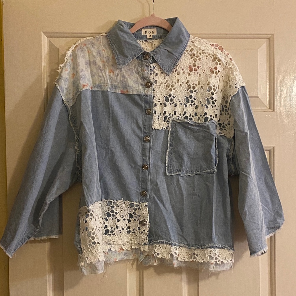 Nwot Pol Blue And White Patchwork Button Down Blo… - image 1